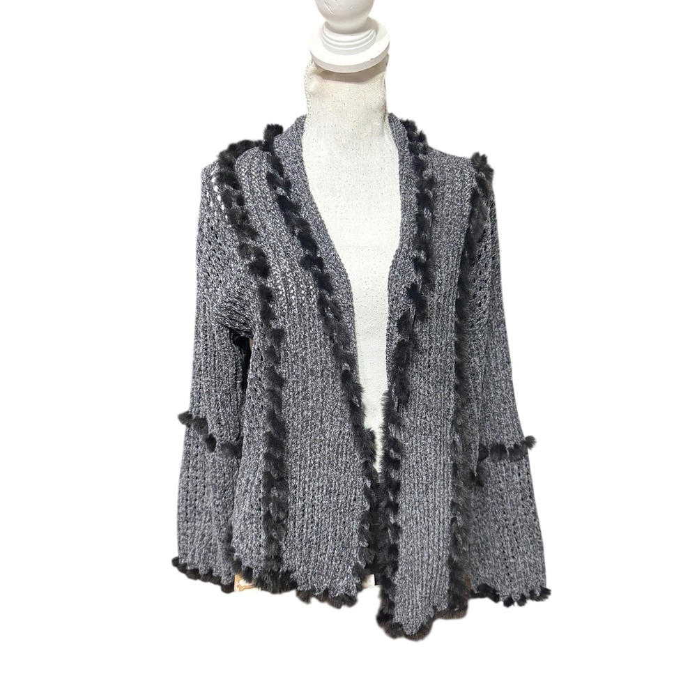 Natural Life Gray Chenille Fur Trim Open Front Cardigan Sweater XS S